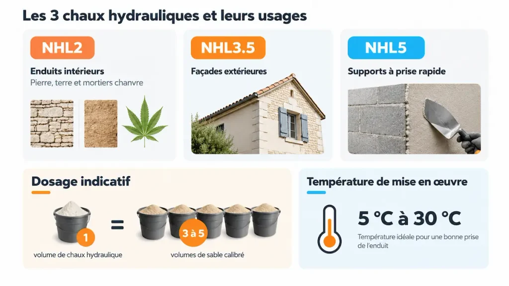 Comparatif des chaux hydrauliques NHL2, NHL3.5 et NHL5 avec usages, dosage et température d’application