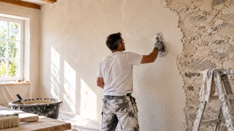 Artisan appliquant un enduit à la chaux à la truelle sur un mur intérieur en pierre
