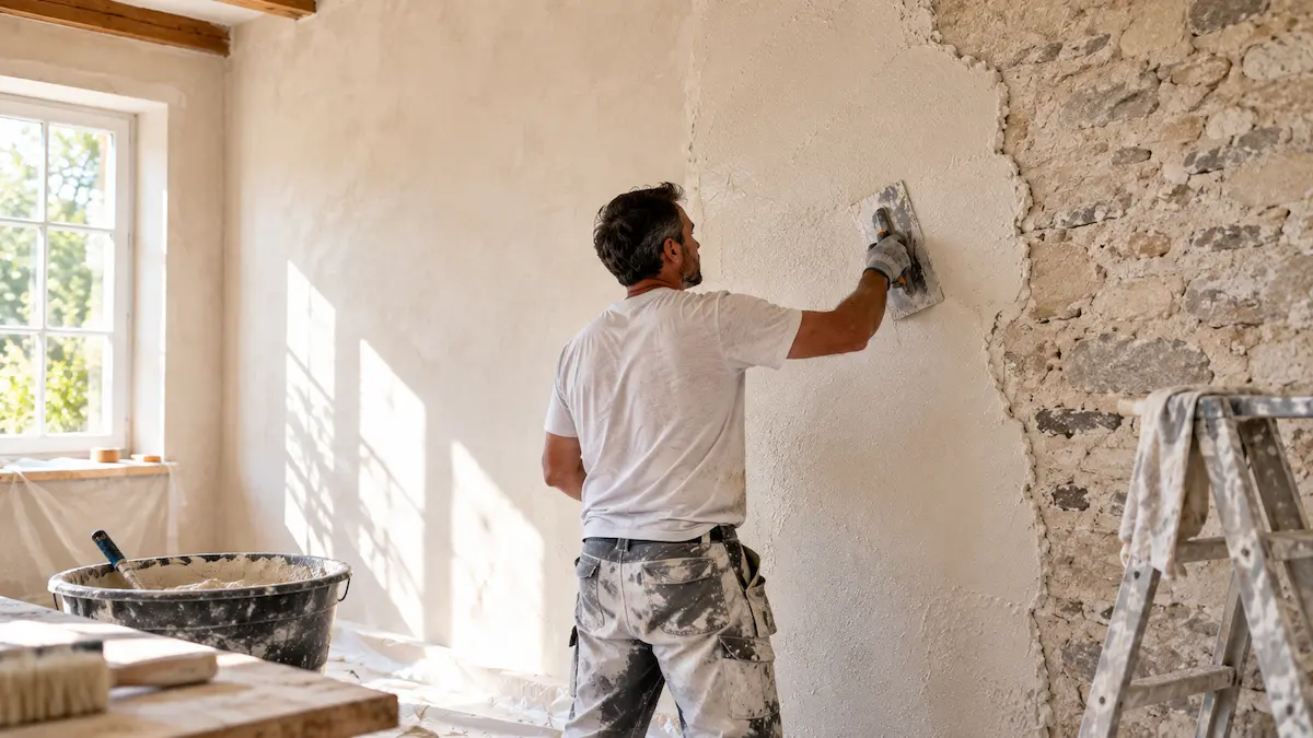 Artisan appliquant un enduit à la chaux à la truelle sur un mur intérieur en pierre
