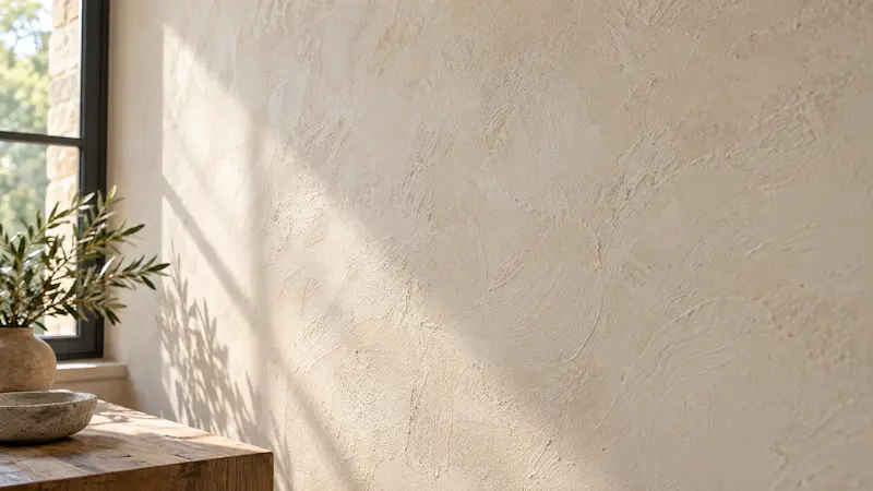 Mur intérieur avec finition d’enduit à la chaux feutrée et texture minérale légèrement nuagée