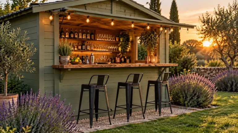 Abri de jardin en bois vert sauge aménagé en bar extérieur avec comptoir, tabourets hauts et guirlandes lumineuses, entouré de lavande.