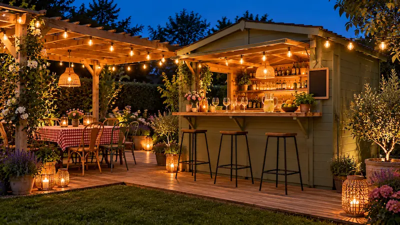 Abri de jardin aménagé en bar extérieur avec guirlandes lumineuses, pergola en bois, terrasse et mobilier bistrot dans une ambiance guinguette à la tombée de la nuit.
