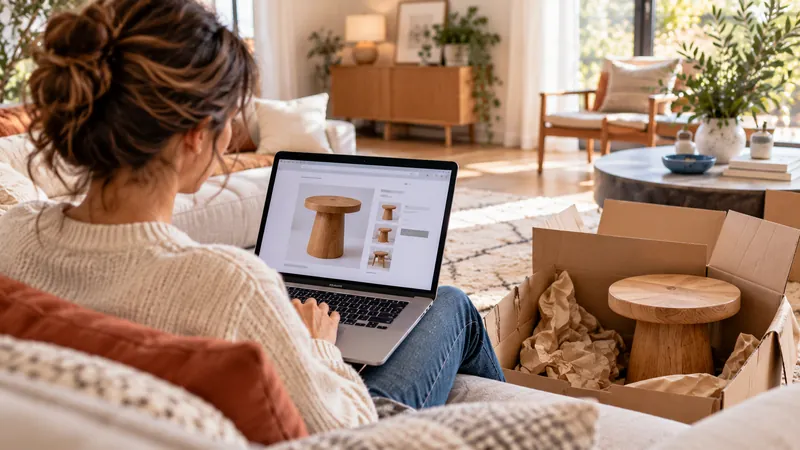 Femme consultant une fiche produit de mobilier sur son ordinateur portable, avec un petit meuble en bois livré dans un carton ouvert.