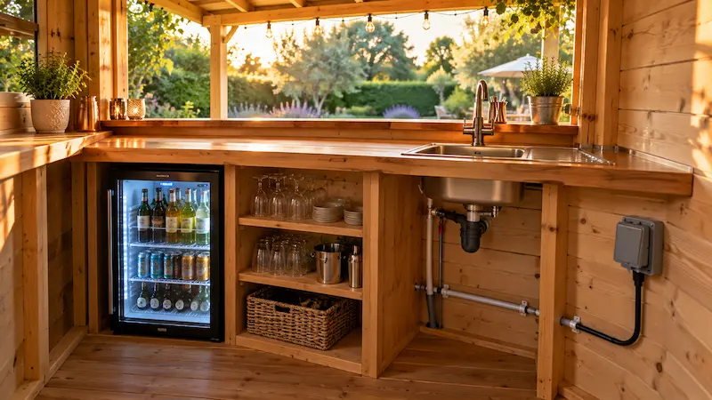 Intérieur d'un abri de jardin aménagé en bar avec comptoir en bois, mini-réfrigérateur vitré, évier inox, plomberie et prise électrique étanche.