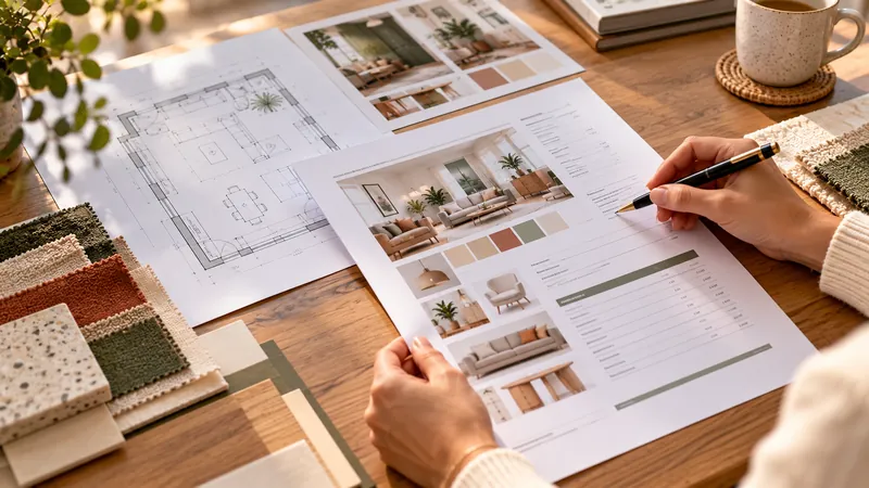 Planche d’ambiance avec échantillons de tissus, bois et couleurs à côté d’un plan technique d’aménagement intérieur.