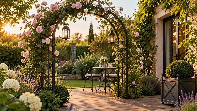 Arche métallique noire couverte de rosiers grimpants roses, avec lanternes suspendues et salon de jardin bistrot sur une terrasse en bois.