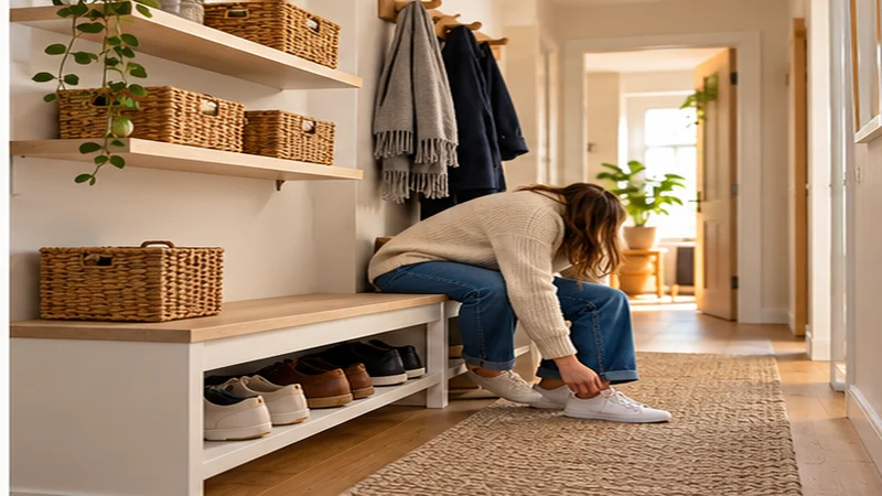 Banc de rangement pour chaussures avec étagères et paniers dans une entrée.