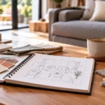 Carnet de croquis, nuancier de couleurs et échantillons de tissus sur une table basse pour préparer un conseil en décoration.