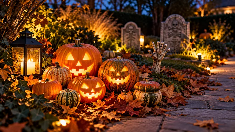 Citrouilles sculptées illuminées et courges dans une allée de jardin, pierres tombales d'Halloween en arrière-plan.