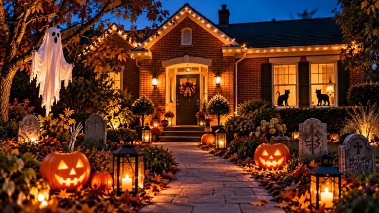 Façade de maison décorée pour Halloween à la nuit tombée, allée de citrouilles et lanternes, guirlande lumineuse et silhouettes aux fenêtres.