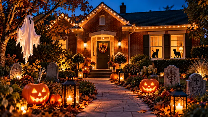Façade de maison décorée pour Halloween à la nuit tombée, allée de citrouilles et lanternes, guirlande lumineuse et silhouettes aux fenêtres.