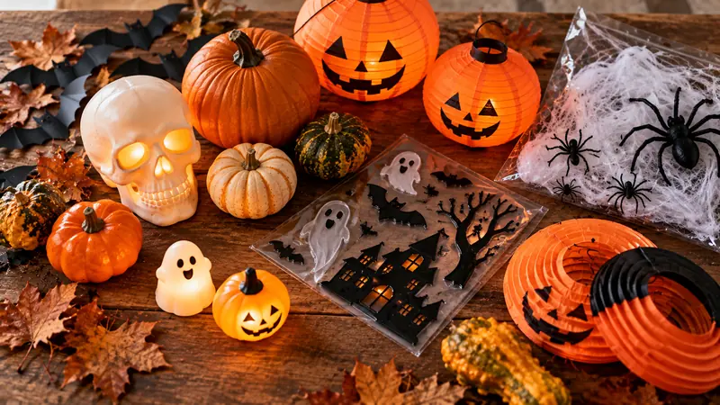 Petits objets de décoration d'Halloween pas chers posés sur une table : crâne lumineux, lampions, toile d'araignée et courges.