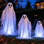 Fantômes en gaze amidonnée dans un jardin de nuit, fumée basse et yeux lumineux dans la haie pour une déco d'Halloween qui fait peur.