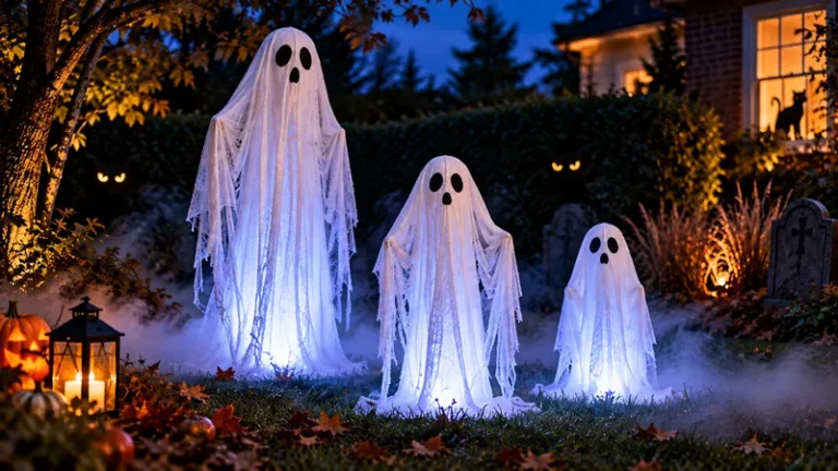 Fantômes en gaze amidonnée dans un jardin de nuit, fumée basse et yeux lumineux dans la haie pour une déco d'Halloween qui fait peur.