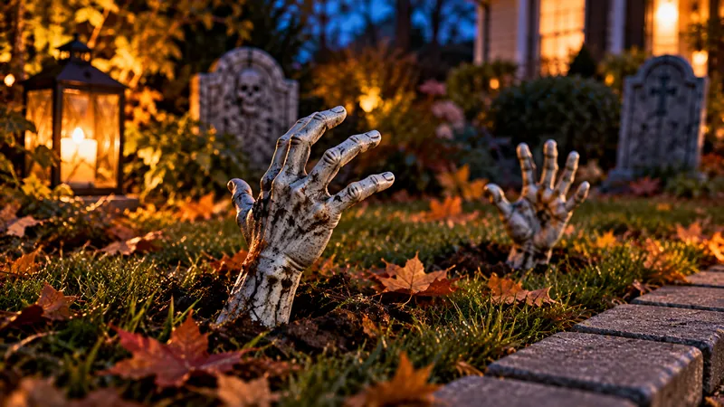 Mains en plâtre faites maison sortant de la pelouse pour une décoration d'Halloween extérieure qui fait peur.