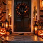 Porte d'entrée décorée pour Halloween avec couronne noire, citrouilles sur les marches et lanternes allumées.