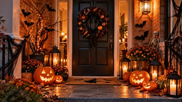 Porte d'entrée décorée pour Halloween avec couronne noire, citrouilles sur les marches et lanternes allumées.