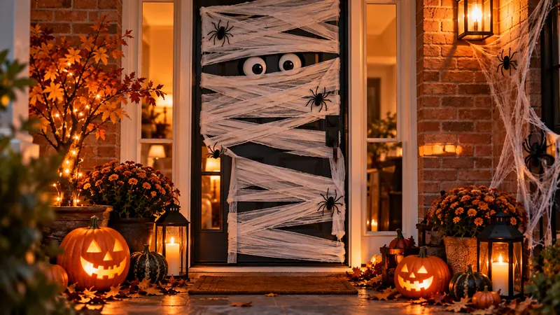 Porte d'entrée décorée en momie pour Halloween avec bandes blanches croisées et grands yeux, poignée laissée accessible.