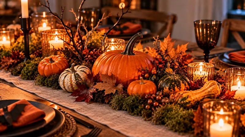 Centre de table d'Halloween végétal avec citrouille, mini-courges, feuilles d'automne et photophores.