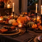 Table d'Halloween dressée avec centre de table de courges, chandeliers fins et vaisselle sombre dans une lumière chaude.