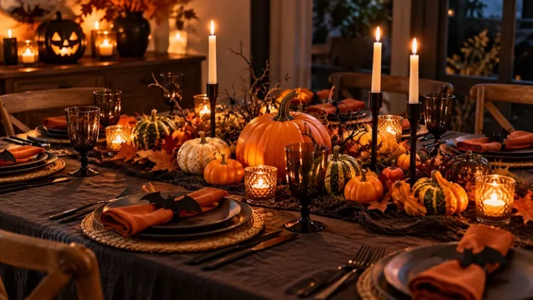 Table d'Halloween dressée avec centre de table de courges, chandeliers fins et vaisselle sombre dans une lumière chaude.