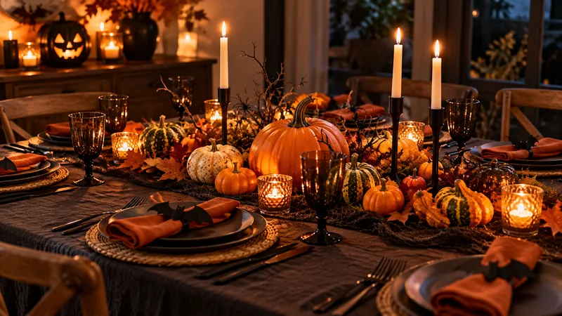 Table d'Halloween dressée avec centre de table de courges, chandeliers fins et vaisselle sombre dans une lumière chaude.
