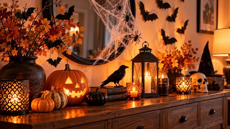Buffet de salon décoré pour Halloween avec citrouilles, lanternes, bougies lumineuses et accessoires noirs.