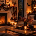 Salon décoré pour Halloween avec citrouilles, bougies lumineuses, toile d'araignée et accessoires orange et noirs.