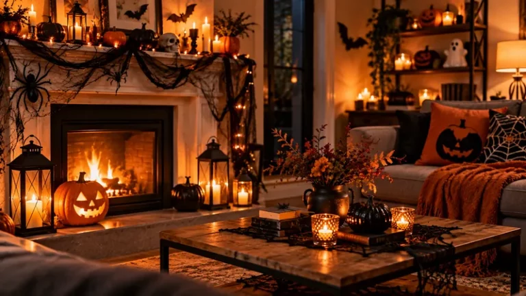 Salon décoré pour Halloween avec citrouilles, bougies lumineuses, toile d'araignée et accessoires orange et noirs.