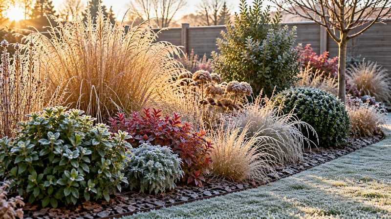 Décoration de massif extérieur en hiver avec graminées couvertes de givre, arbustes persistants, feuillages rouges et paillis d’écorce au lever du soleil.
Copier