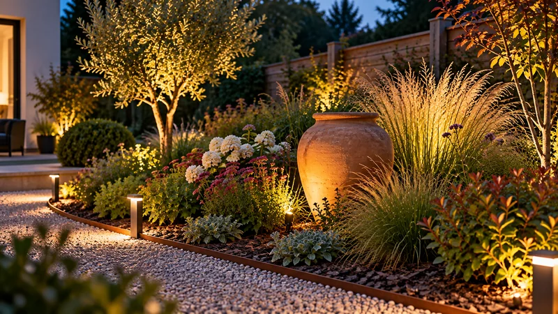 Décoration de massif extérieur avec grande jarre en terre cuite, éclairage de jardin chaleureux, graminées illuminées et bornes lumineuses le long d’une allée.