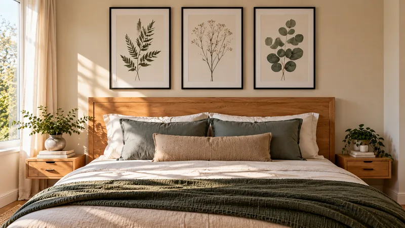 Trois cadres noirs avec illustrations botaniques alignés au-dessus d'une tête de lit en bois clair dans une chambre parentale aux tons beige sable.
