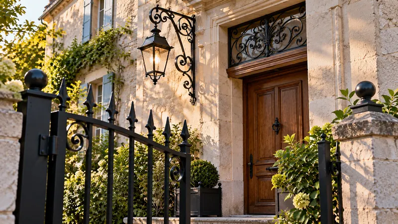 Entrée de maison en pierre claire avec porte en bois, lanterne murale, grille d’imposte et portillon en fer forgé noir à pointes de lance.
