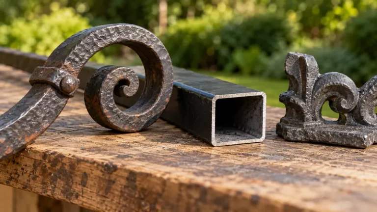 Comparaison d’un barreau en fer forgé à volute, d’un tube d’acier creux et d’un ornement en fonte sur un établi en bois.