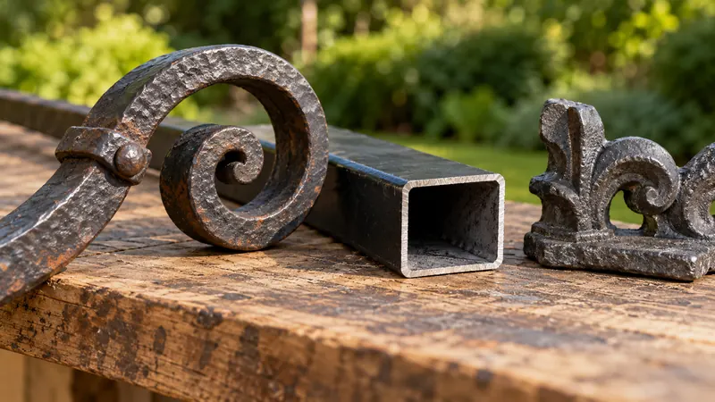 Comparaison d’un barreau en fer forgé à volute, d’un tube d’acier creux et d’un ornement en fonte sur un établi en bois.
