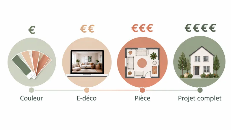 Infographie comparant quatre formules de conseil en décoration : choix des couleurs, e-déco, aménagement d'une pièce et projet complet, avec niveaux de prix croissants.
