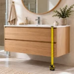 Meuble de salle de bain suspendu en bois clair avec vasque encastrée et mètre ruban pour mesurer sa hauteur.