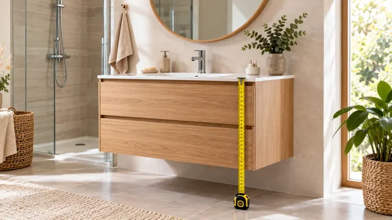 Meuble de salle de bain suspendu en bois clair avec vasque encastrée et mètre ruban pour mesurer sa hauteur.