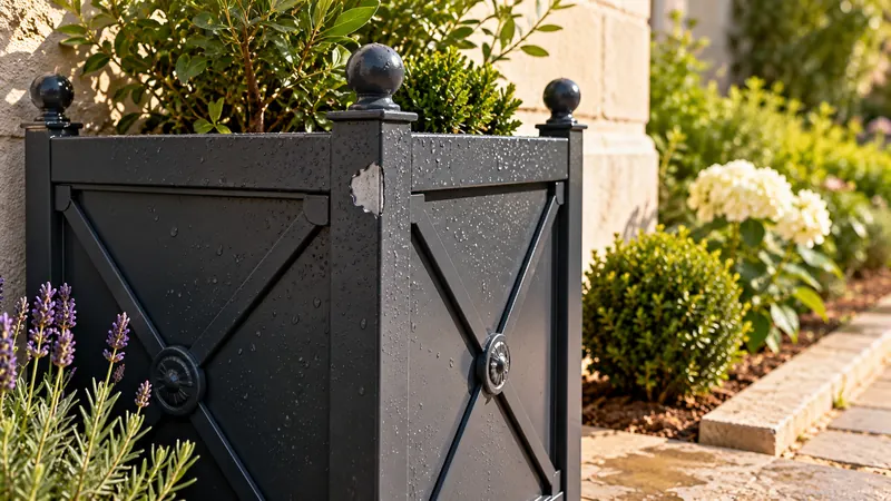 Jardinière métallique gris anthracite thermolaquée avec gouttes d’eau et éclat de peinture révélant le métal protégé, dans un jardin fleuri.