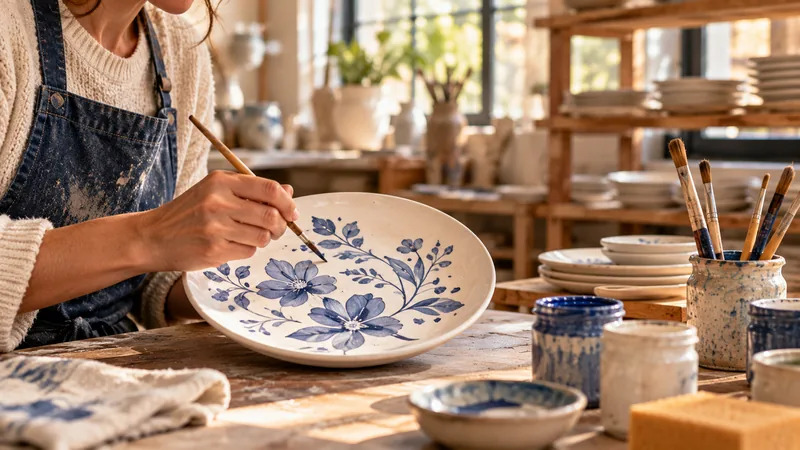 Artisane peignant des motifs floraux bleus sur une assiette en faïence dans un atelier traditionnel de fabrication de décoration.