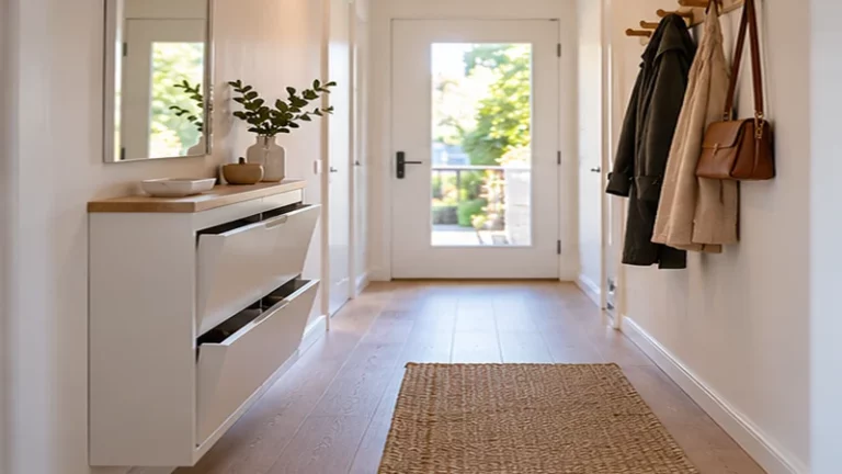 Meuble à chaussures peu profond et patères dans un couloir d'entrée étroit.