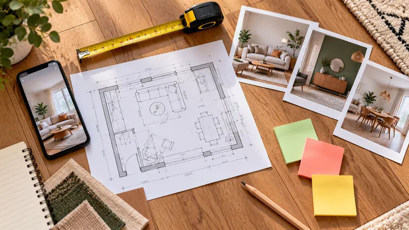 Plan de salon, mètre ruban, photos d'inspiration déco, smartphone et notes pour préparer une séance de conseil en décoration.