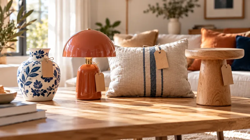 Vase en faïence, lampe design, coussin en lin et petit meuble en bois illustrant les différentes familles de marques de décoration.
