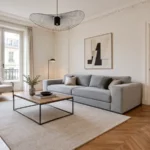 Séjour d'appartement contemporain avec parquet en chêne à bâtons rompus, moulures anciennes, canapé gris et mobilier épuré.