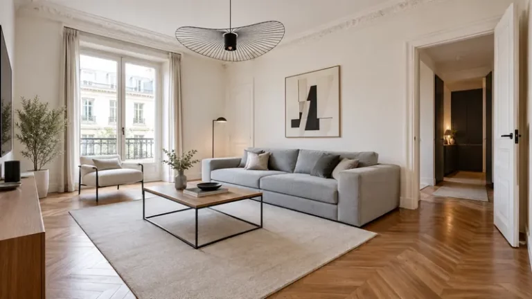 Séjour d'appartement contemporain avec parquet en chêne à bâtons rompus, moulures anciennes, canapé gris et mobilier épuré.