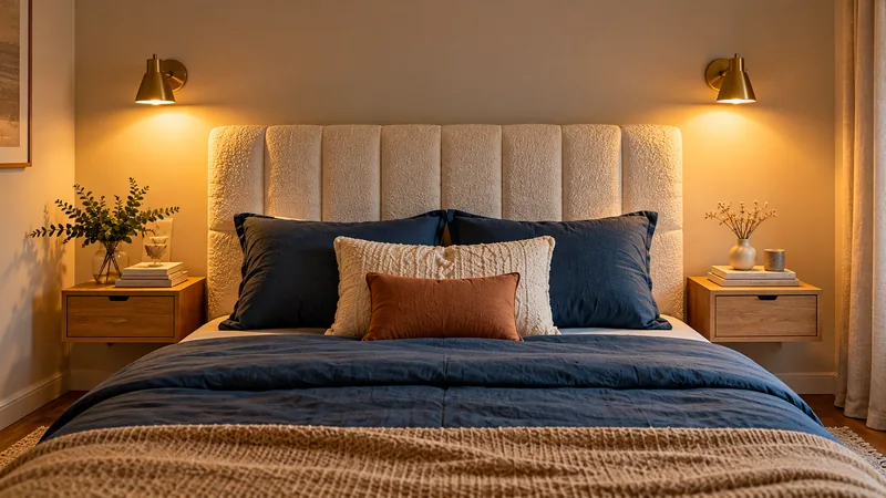 Tête de lit en bouclette écrue avec deux appliques murales en laiton allumées, chevets suspendus en bois clair et linge de lit bleu nuit.