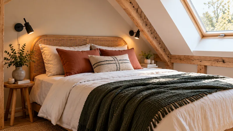 Chambre mansardée avec tête de lit basse en cannage rotin, coussins terracotta et beige, plaid vert forêt, poutres apparentes et fenêtre de toit.