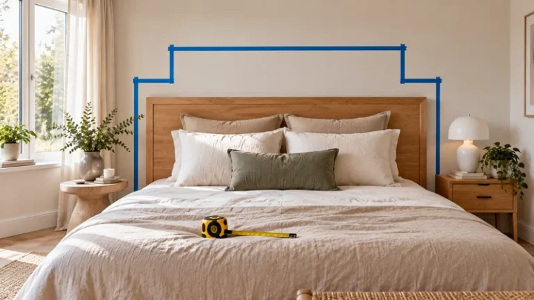 Tête de lit en bois clair dans une chambre lumineuse, avec ruban de masquage bleu pour définir les dimensions et mètre ruban posé sur le lit.