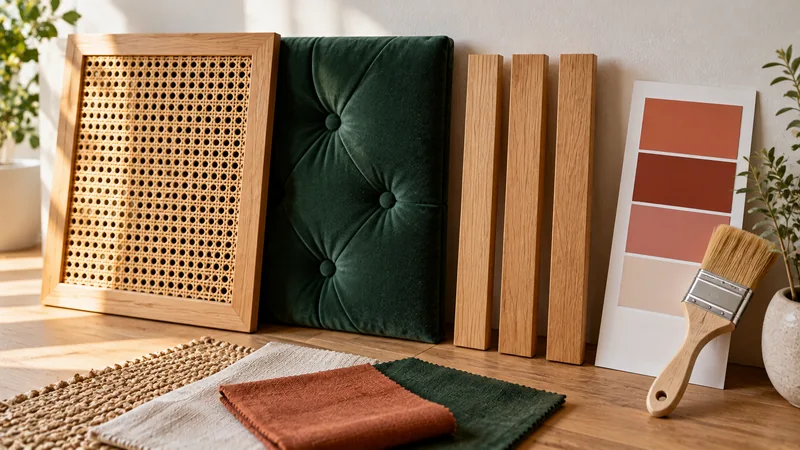 Échantillons de matériaux pour tête de lit : cannage en rotin, velours vert forêt capitonné, tasseaux de chêne et nuancier de peinture terracotta.